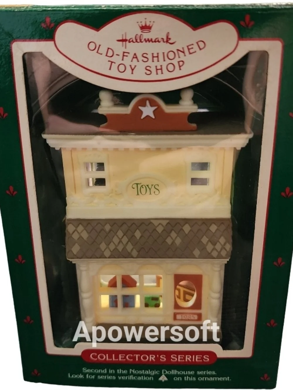 1985 Hallmark Old-Fashioned Toy Shop Ornament in Cream and Green with Brown Roof